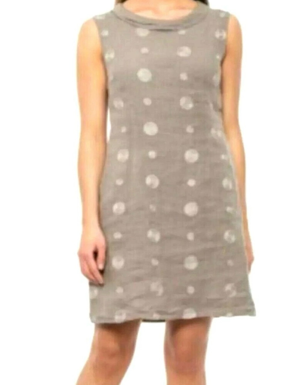 Lina Tomei 100% Linen Sleeveless Beige Tan Neutral Polka Dot Shift Dress